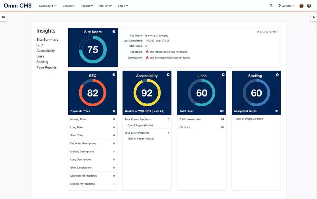 Modern Campus CMS Insights is a web accessibility checker that scans for accessibility issues on your site and recommends fixes.